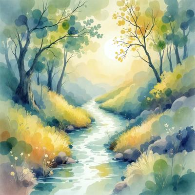 The primary subject of the image is a river flowing through a forest. The setting is a lush green forest with trees and rocks surrounding the river. The visual style is a watercolor painting, which gives the image a vibrant and natural atmosphere. The dominant colors are green, blue, and yellow, which create a sense of tranquility and harmony with nature.